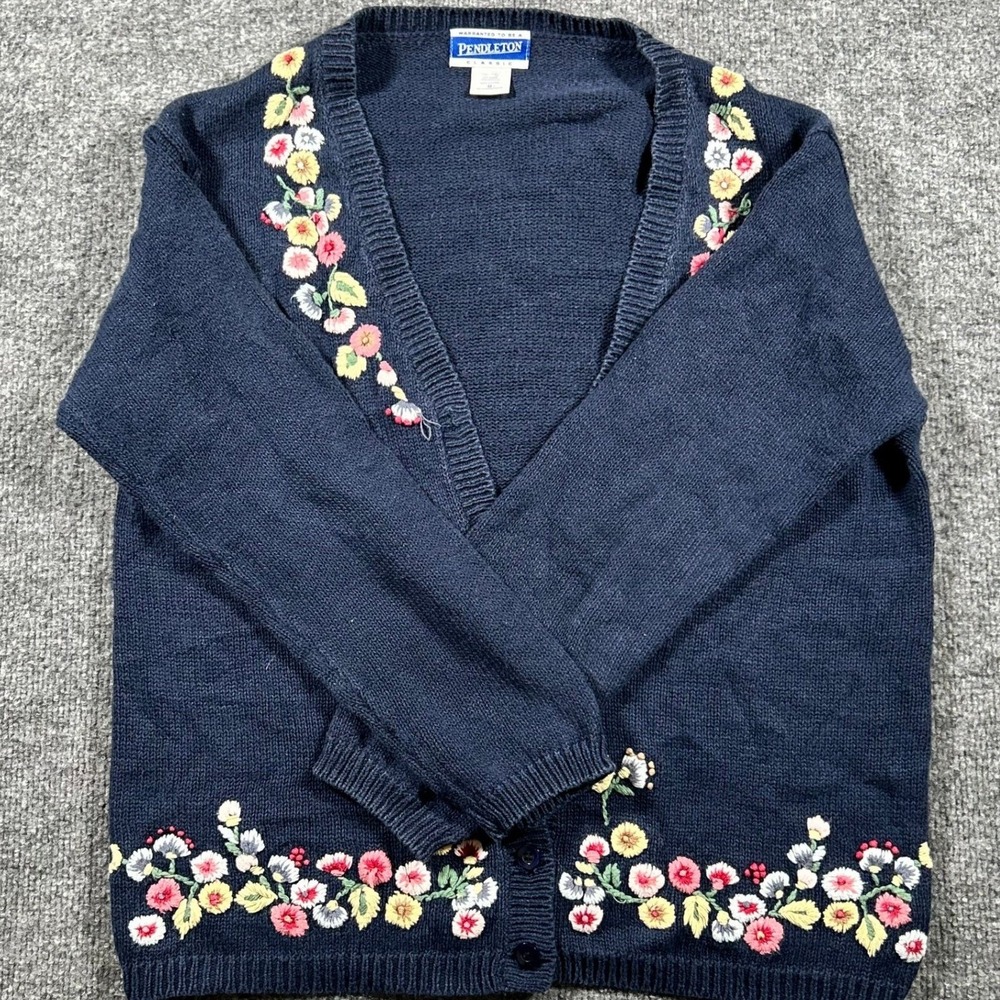 Pendleton Cardigan Womens Size M Navy Blue Ramie Cotton Floral Embroidered Knit